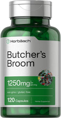 Horbaach Butchers Broom capsules in bottle showing non-GMO and gluten-free formula.
