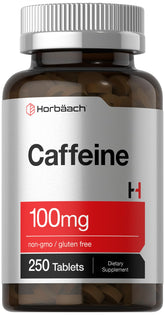 Horbäach Caffeine Pills bottle front with 250 vegetarian tablets for steady energy