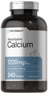 Horbäach Calcium 1200 mg with Vitamin D3 softgels in bottle highlighting high absorption and daily support.