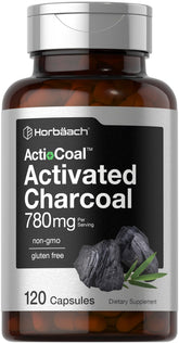 Horbäach Charcoal Pills bottle close-up showing 780 mg activated charcoal for convenient supplementation