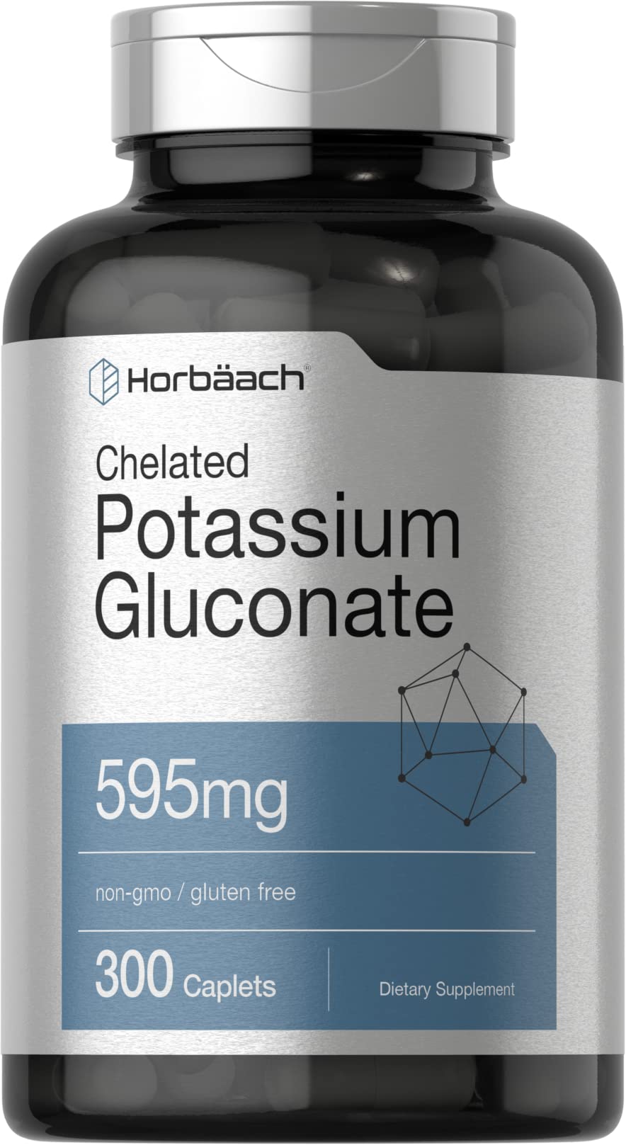 Horbäach Chelated Potassium Gluconate bottle with 595 mg caplets for daily mineral support.