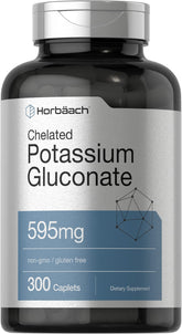 Horbäach Chelated Potassium Gluconate bottle with 595 mg caplets for daily mineral support.