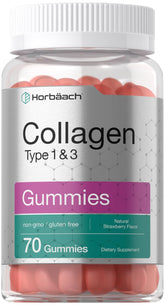 Horbäach Collagen Gummies bottle with strawberry flavor for a convenient daily supplement.