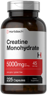 Horbaach Creatine Monohydrate 5g serving bottle supports quick daily workouts