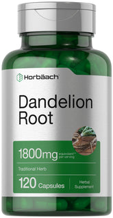Horbäach Dandelion Root bottle front shows gluten-free, non-GMO formula.