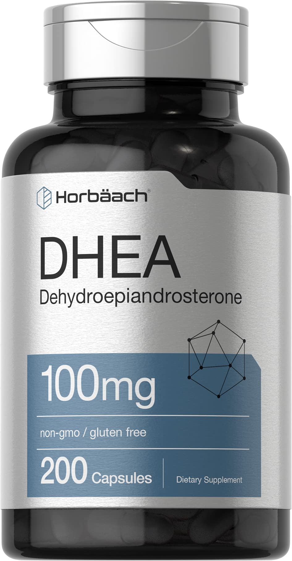 Horbäach DHEA 100mg bottle label with dosage for daily support