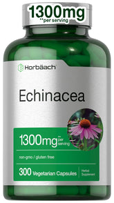 Horbäach echinacea extract capsules bottle, vegan and gluten-free supplement.