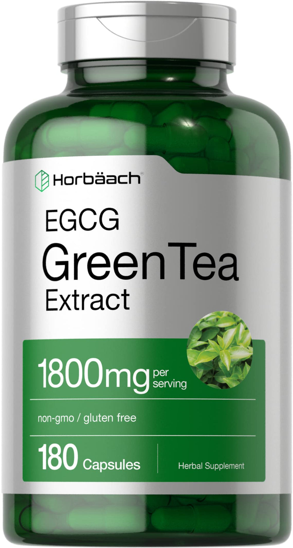 Horbäach EGCG Green Tea Extract pills bottle front view highlighting high potency antioxidants.
