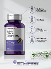 Horbäach elderberry packaging highlighting gluten-free and non-GMO formula.
