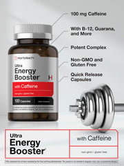 Horbäach Energy Supplement label close-up highlighting caffeine and B12.