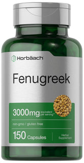 Horbäach Fenugreek capsules bottle front, gluten-free daily herbal supplement.