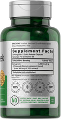 Horbäach Fenugreek capsules bottle label close-up, non-GMO ingredients highlighted.