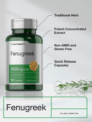 Horbäach Fenugreek capsules packaging box, premium herbal supplement presentation.