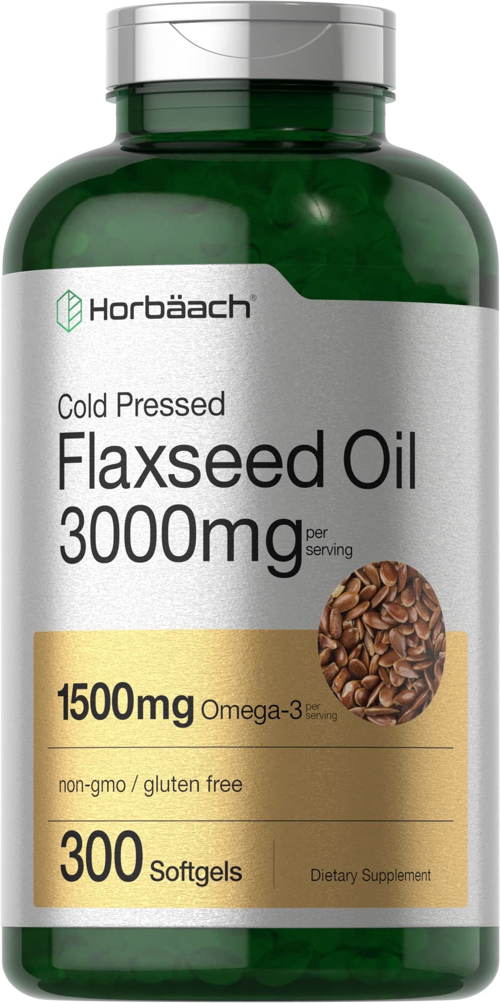 Horbäach flaxseed oil softgel bottle shows 3000 mg potency for daily wellness
