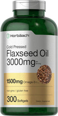 Horbäach flaxseed oil softgel bottle shows 3000 mg potency for daily wellness