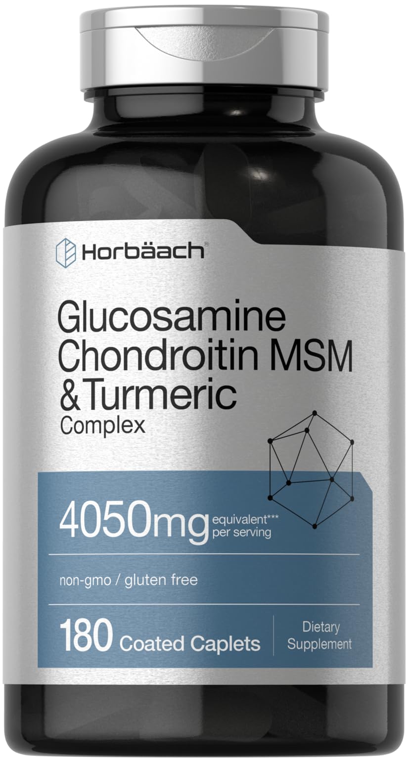 Horbäach Glucosamine Chondroitin MSM caplets on bottle label showing joint support blend