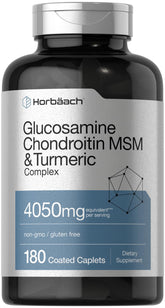 Horbäach Glucosamine Chondroitin MSM caplets on bottle label showing joint support blend