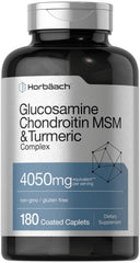 Horbäach Glucosamine Chondroitin MSM caplets on bottle label showing joint support blend