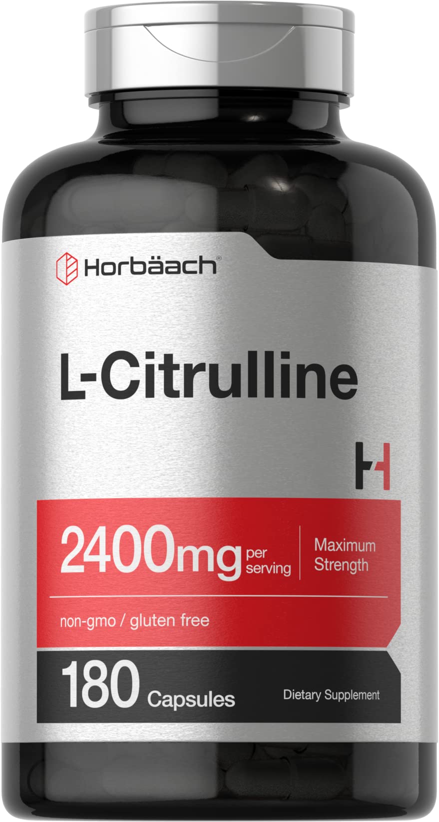 Horbaach L-Citrulline bottle front emphasizes maximum-strength capsules for workouts