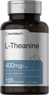 Horbäach L-Theanine 400mg bottle with capsules for daily calm and focus