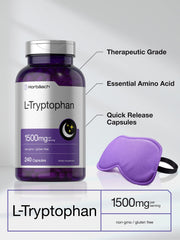 Closeup of Horbaach L-Tryptophan capsules highlighting the 1500 mg daily dose.