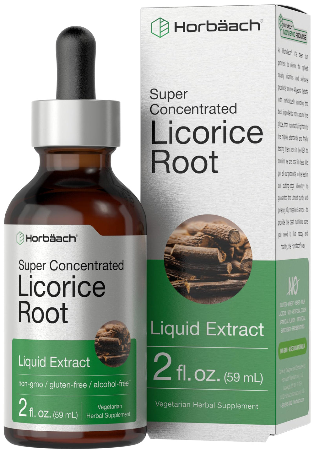 Horbäach Licorice Root Extract bottle shows alcohol-free tincture for daily wellness routines