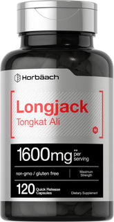 Horbaach Longjack Tongkat Ali capsules bottle label close-up for daily vitality.
