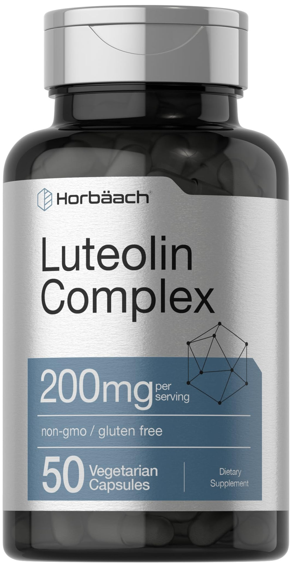 Horbäach Luteolin Supplement bottle shows the 50 mg luteolin and 50 mg rutin per capsule for daily use