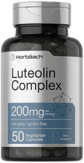 Horbäach Luteolin Supplement bottle shows the 50 mg luteolin and 50 mg rutin per capsule for daily use