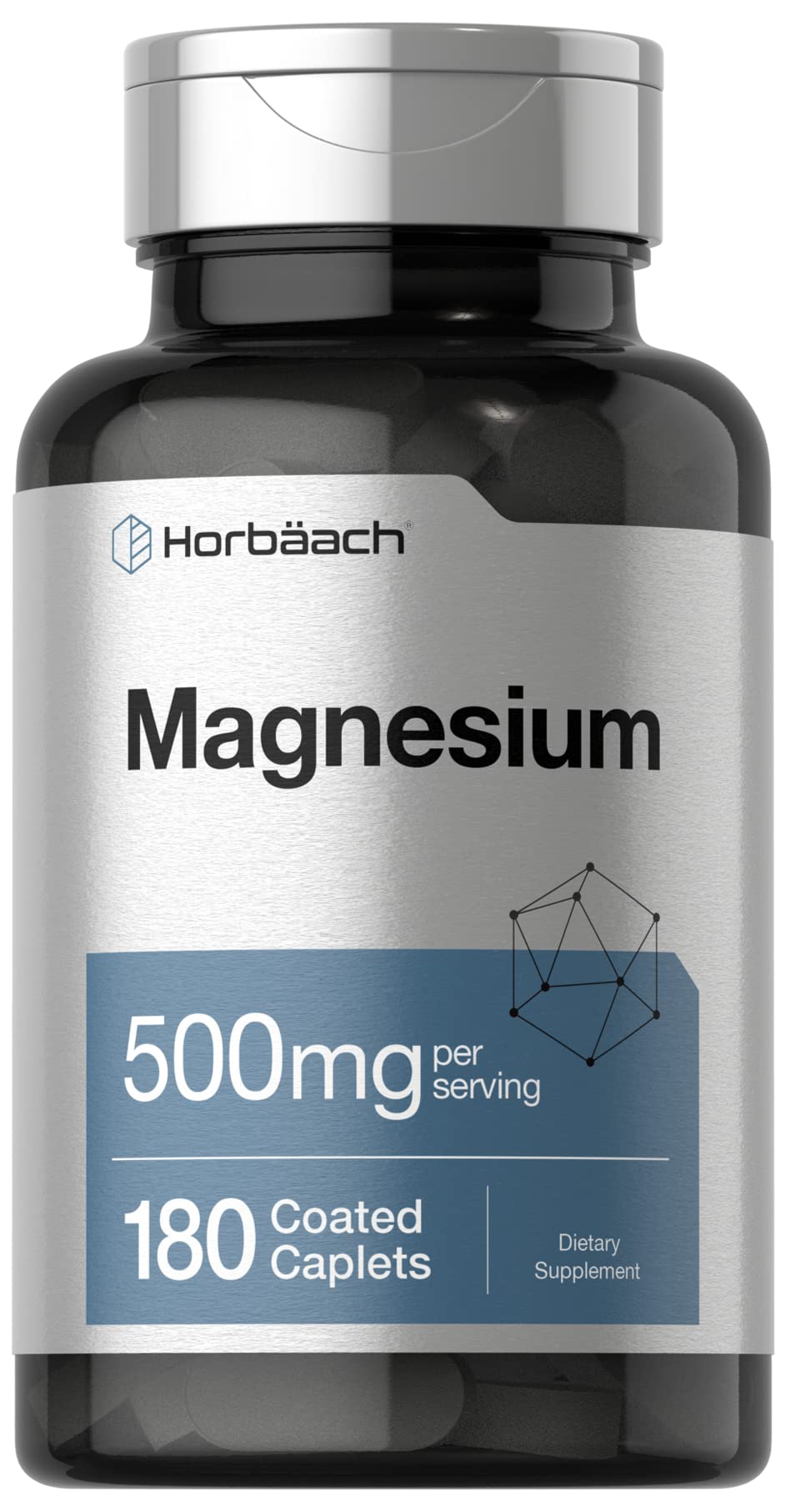 Horbäach Magnesium 500mg bottle front view shows clean, gluten-free packaging.
