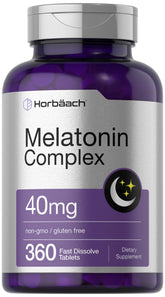 Horbäach Melatonin 40mg Complex bottle shows compact packaging for nightly routine