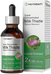 Horbaach Milk Thistle Liquid bottle highlights gluten-free, alcohol-free daily supplement use.