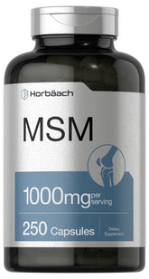 Horbäach MSM supplement bottle front shows 1000 mg per serving for daily use