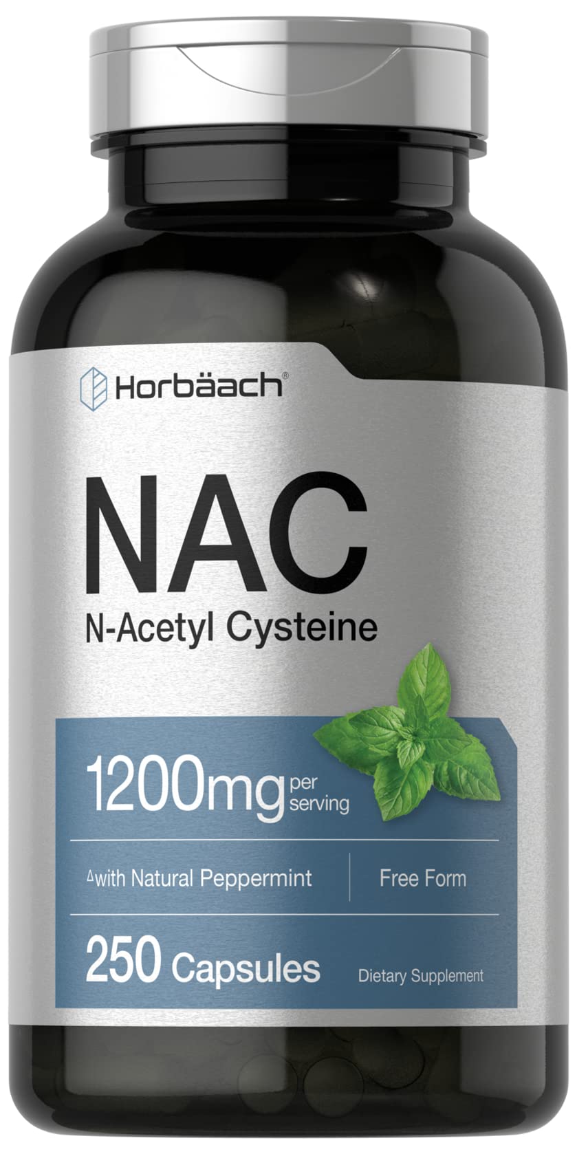 HorbAach NAC supplement bottle front showing 1,200 mg per serving for daily use