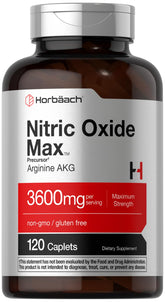 Horbäach Nitric Oxide Max bottle showing 3600 mg Arginine AAKG for workouts
