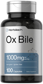 Horbäach Ox Bile supplement bottle label shows 1000 mg per serving for convenient dosing