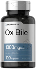 Horbäach Ox Bile supplement bottle label shows 1000 mg per serving for convenient dosing