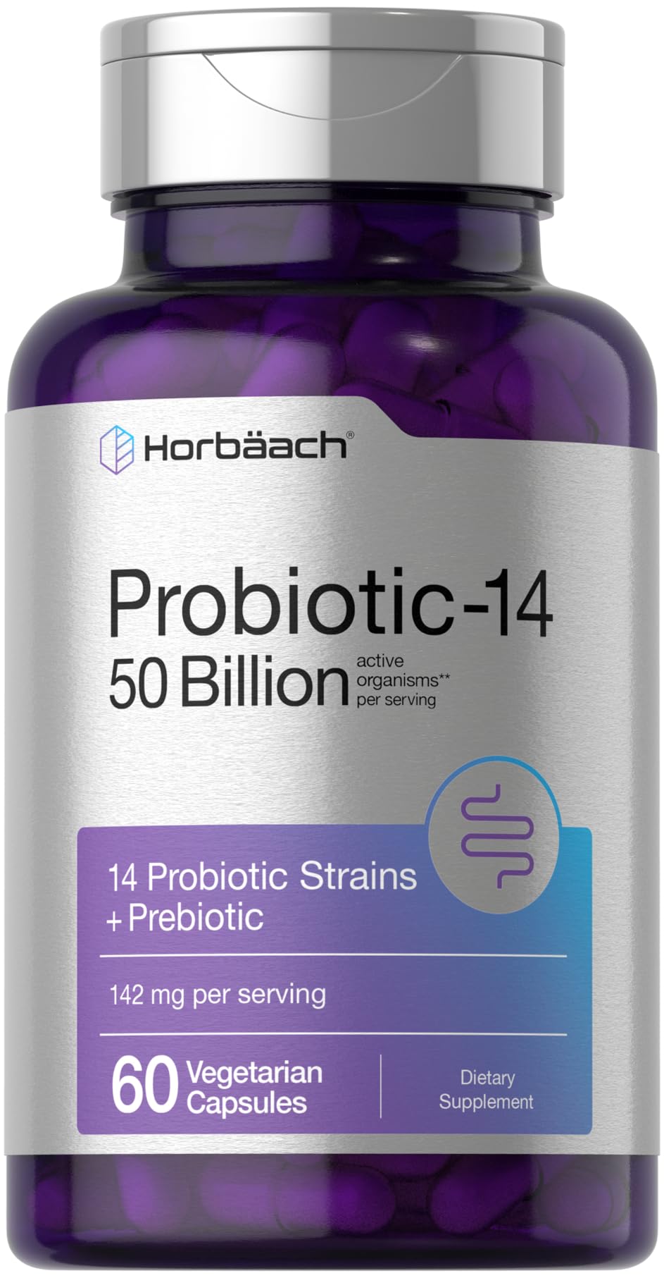 Horbaach Probiotics bottle packaging showing 60 capsules for daily digestive support.