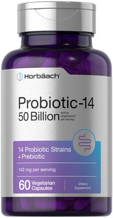 Horbaach Probiotics bottle packaging showing 60 capsules for daily digestive support.
