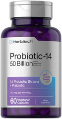 Horbaach Probiotics bottle packaging showing 60 capsules for daily digestive support.