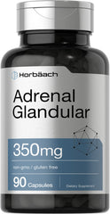 Horbäach Raw Adrenal Glandular bottle shows 350 mg capsules for daily support.