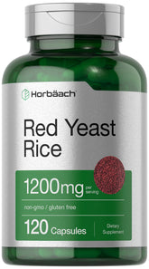 Horbäach Red Yeast Rice bottle shows gluten-free, non-GMO formula.