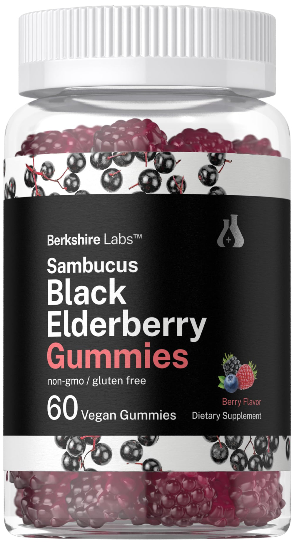 Horbaach Sambucus Elderberry Gummies bottle showcases berry flavor and vegan formula.