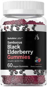 Horbaach Sambucus Elderberry Gummies bottle showcases berry flavor and vegan formula.