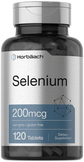 Horbäach Selenium tablets bottle showing 200 mcg per tablet for daily mineral support.