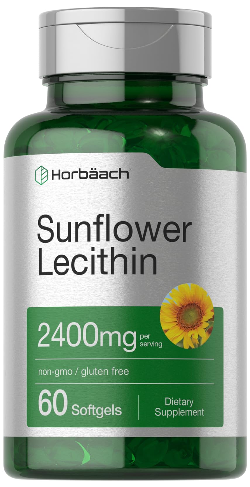 Horbaach Sunflower Lecithin softgel bottle showcasing natural phospholipids for daily supplementation
