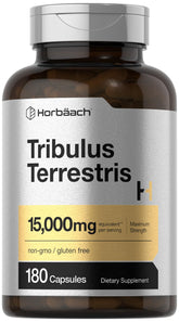 Horbäach Tribulus terrestris capsules bottle on shelf, highlighting strength and daily support.