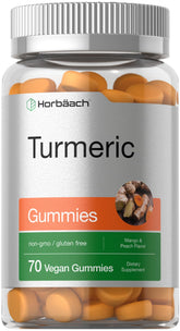 Horbäach Turmeric Gummies bottle front with mango and peach flavor for daily wellness