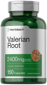 Horbaach valerian root capsules bottle; gluten-free herbal supplement for daily use.