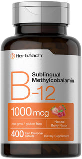 Horbaach Vitamin B12 bottle with berry flavor for convenient daily supplementation